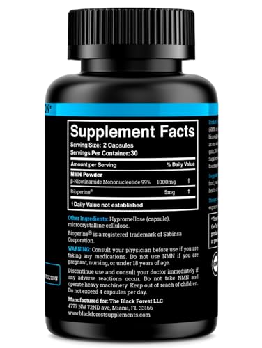 Black Forest NMN Supplements 1000mg (Nicotinamide Mononucleotide) 99% Pure, Stabilized Form, BioPerine® for Enhanced Bioavailability (60 Capsules) (NMN 1000mg per Serving) NAD Supplement for NAD Black Forest Au supplements