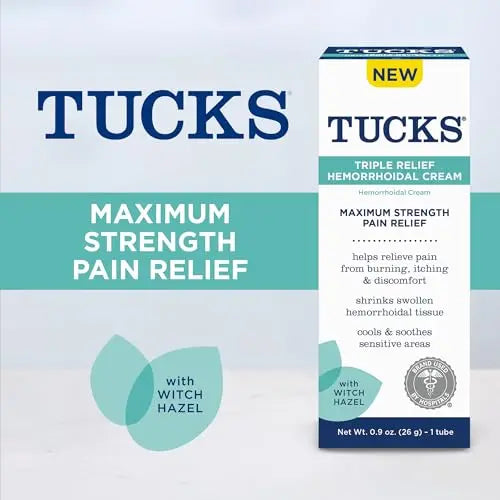 Tucks Triple Relief Hemorrhoidal Cream, Maximum Strength Pain Relief from Burning, Itching and Discomfort, with Witch Hazel, Treatment, Brand Used by Hospitals, 0.9oz. (26g) TUCKS Au supplements