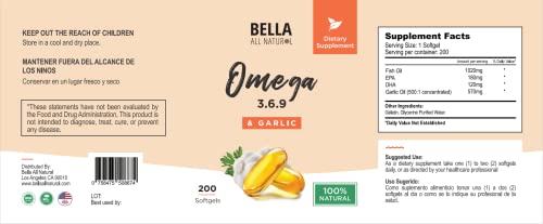 Bella All Natural Omega 3 6 9 with Garlic Oil - 200 Softgels Bella All Natural Au supplements