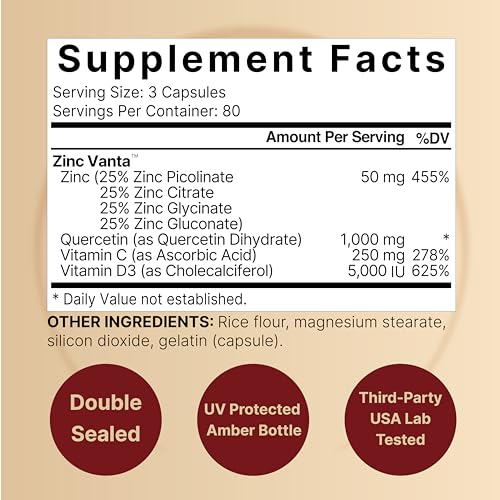 NatureBell Zinc Quercetin with Vitamin C & D3, 240 Capsules | Quercetin 1,000mg, 4 in 1 Zinc 50mg, Vitamin C 250mg, Vitamin D3 5,000 IU – ZincVanta Advanced Immune Defense & Lung Support NatureBell Au supplements