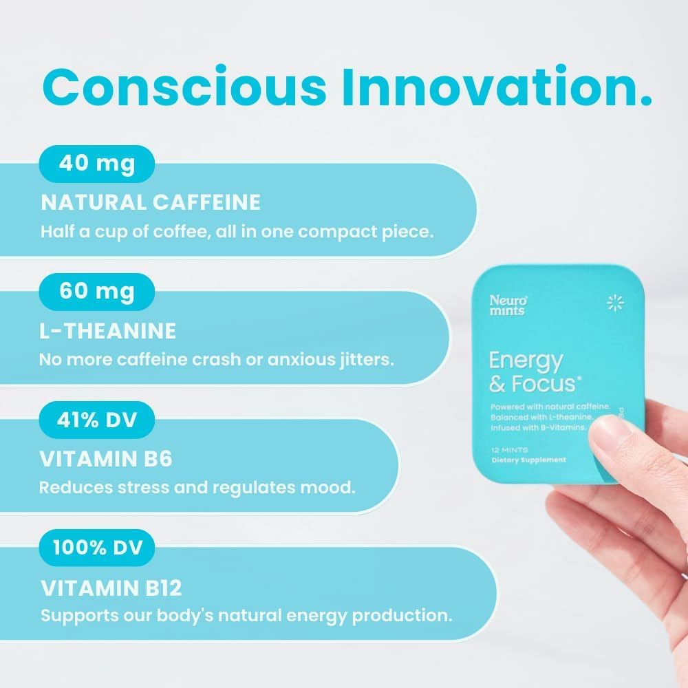Neuro Energy & Focus Mints - Sugar Free Breath Mints with 40mg Natural Caffeine, B Vitamins & L-Theanine - Vegan Brain Supplement for Exercise, Study & Daily Focus - Peppermint, 72 ct Neuro Au supplements