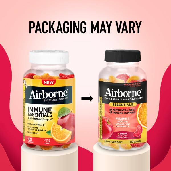 Airborne 400mg Vitamin C Gummies for Adults & Children, Immune Essentials Daily Immune Support Supplement with Vitamins C & E - Orchard Fruit Flavor, 132 Gummies (Pack of 2) Airborne Au supplements