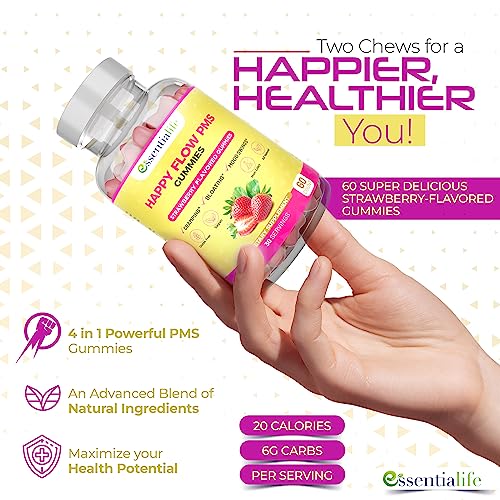 Happy Flow Strawberry-Flavor Chewable PMS Gummies | Hormone Balance Chasteberry Essentialife Au supplements