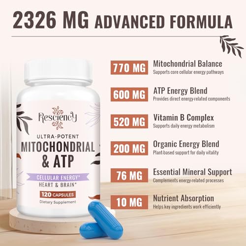 Resciency 2326 MG Mitochondrial Supplements with ATP, Vitamins, CoQ10 & PQQ, More Effective Than Creatine HMB & Nitric Oxide, Energy, Endurance, Strength, Recovery & Muscle, Organic, 120 Capsules Resciency Au supplements