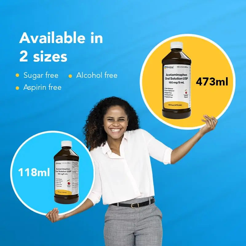 Rising Health Acetaminophen Oral Solution USP, 160 mg/5 mL | Pain & Fever Reliever | Cherry Flavor | Available in 118 mL & 473 mL (118ml - 4oz) Rising Au supplements