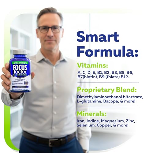 Focus Factor Adults Extra Strength, 120 Count - Brain Supplement for Memory, Concentration and Focus - Complete Multivitamin with DMAE, Vitamin D, DHA - Trusted Health Vitamins Focus Factor Au supplements