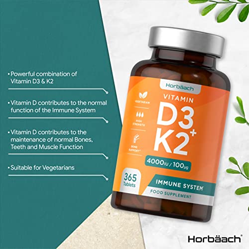 Vitamin D3 K2 High Strength Tablets | 365 Count | Vitamin D3 4000iu and Vitamin K2 MK7 Horbäach Au supplements