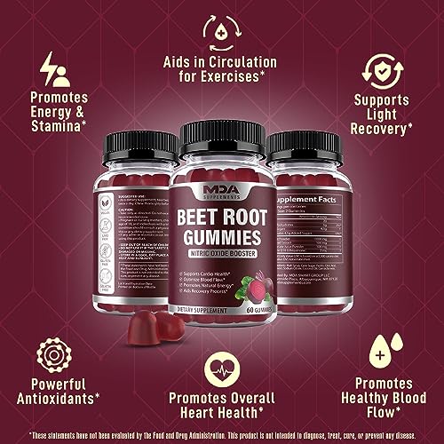 Beet Root Gummies with CoQ10, Energy, and Circulation Support, Pre Workout Nitric Oxide MDA Supplements Au supplements
