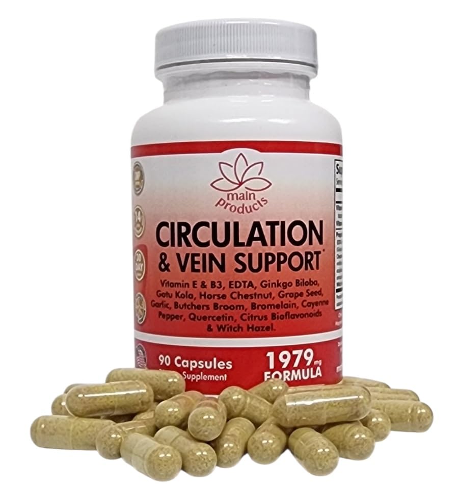 Circulation & Vein Support Supplement - Vitamins E & B3, Ginkgo Biloba, Horse Chestnut, Gotu Kola, Grape Seed, Butcher's Broom & Citrus Bioflavonoids - 1979 mg Formula - 90 Capsules - 30 Days Supply. Main Products Au supplements