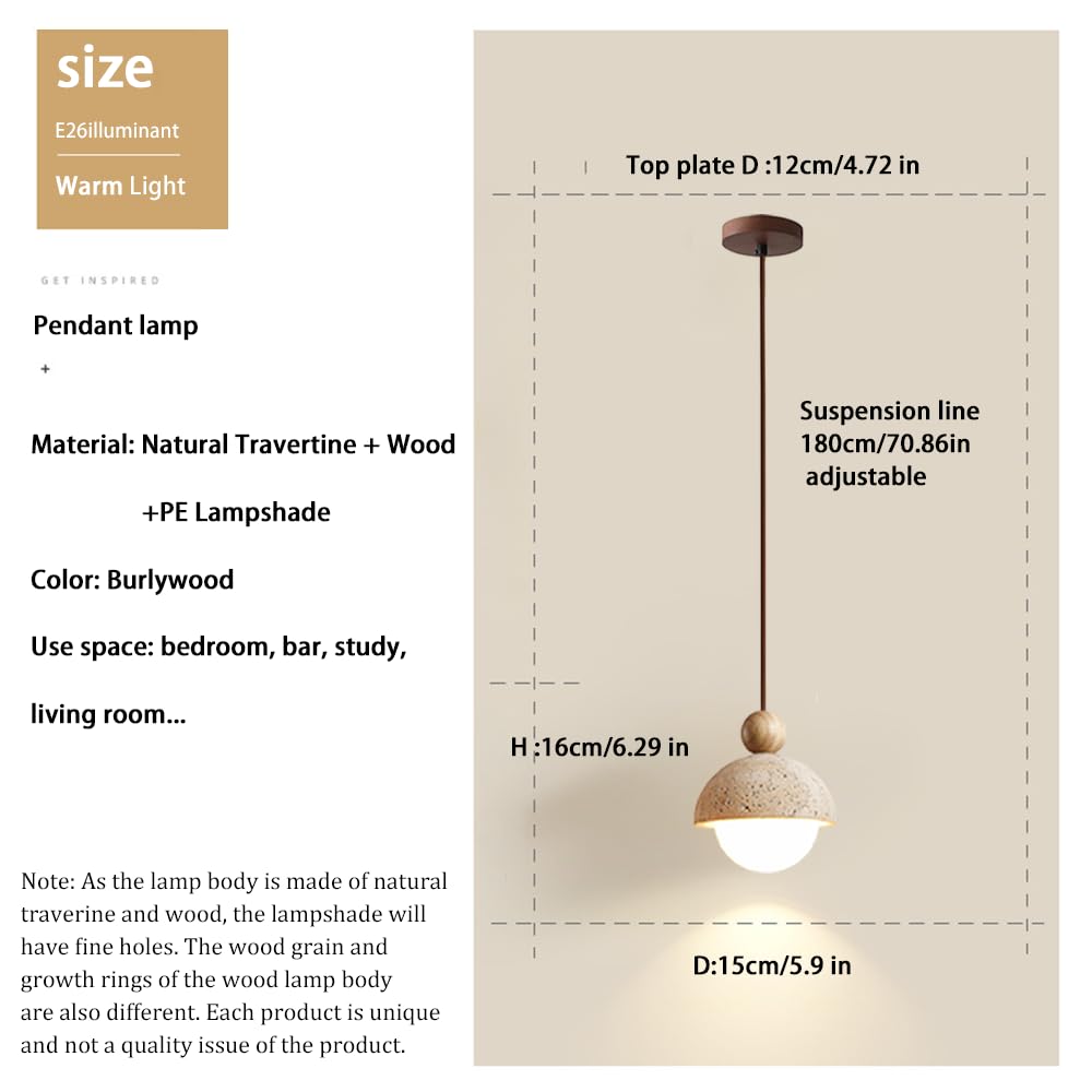 Spherical Wabi Sabi Pendant Light Natural Stone Retro Japanese Style Yellow Travertine Pendant Lighting Vintage Mini Wood Nordic Hanging Light for Kitchen Island Dining Room Bedroom Hallway Bedside OROILUPU Au supplements