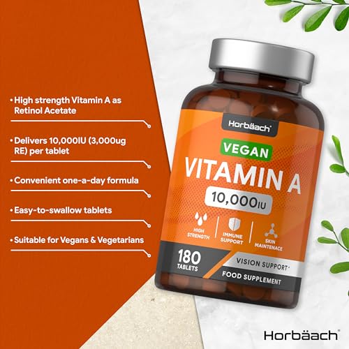 Vitamin A Tablets 10000iu | 180 Count | High Strength Vitamin A as Retinol Acetate Horbäach Au supplements
