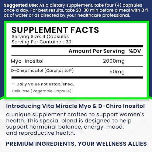 Inositol Supplement Myo-Inositol & D-Chiro Inositol 120 Capsules 2000mg 40:1 Ratio High Vita Miracle Au supplements