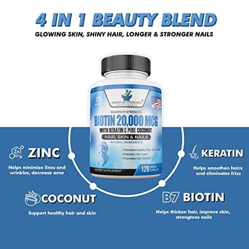 Biotin 20,000mcg with Keratin, Organic Coconut and Zinc, Hair Growth Supplements, Biotin American Standard Supplements Au supplements