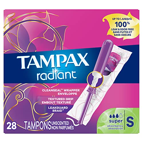 Tampax Radiant Tampons, Super Absorbency, With Leakguard Braid, Unscented, 28 Count Tampax Au supplements