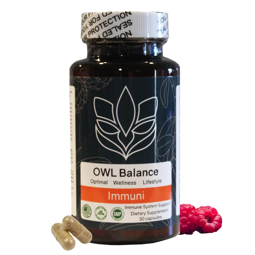 Immuni - Immune Support - Vitamin Supplement for Cold & Flu Relief - Natural Immunity System Booster - Vitamin C & E, Rasberry Fruit Powder, Green Tea Leaf, Olive leaf, and more - 30 Capsules OWL Balance Au supplements