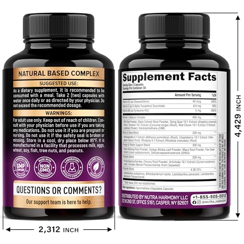 Menopause Supplements for Women - Dong Quai, Black Cohosh, Pre & Probiotics - Sweats & Hot Flashes Relief - Digestion, Sleep & Mood Support - 25-in-1 Perimenopause Complex - Made in USA - 60 Capsules NUTRAHARMONY Au supplements