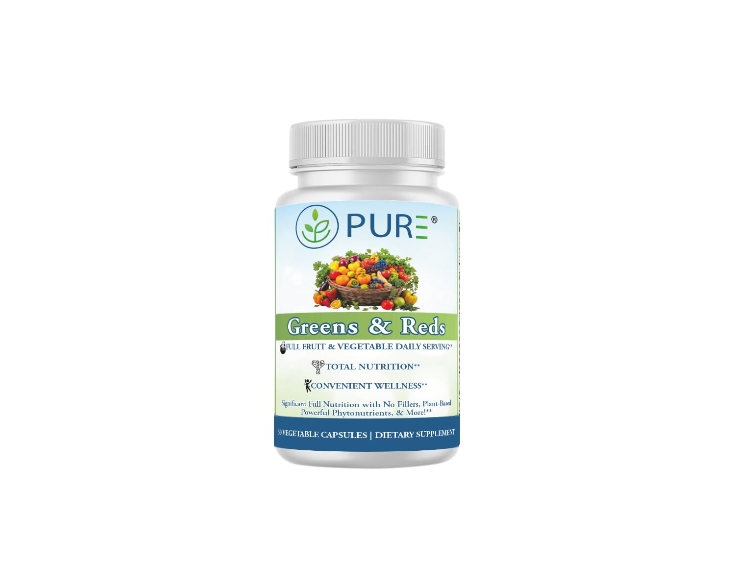 PURE® Greens & Reds Capsules - 30 Servings - 9 Daily Servings of Fruits & Vegetables in 1 Capsule - PhytoServ® Superfood Blend with Broccoli, Kale & Berries - Plant-Based Phytonutrient Shield PURE Au supplements