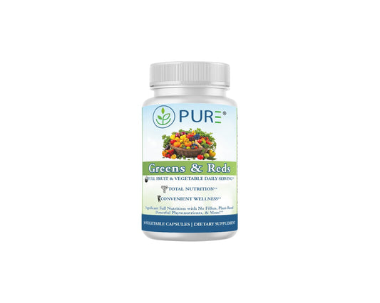 PURE® Greens & Reds Capsules - 30 Servings - 9 Daily Servings of Fruits & Vegetables in 1 Capsule - PhytoServ® Superfood Blend with Broccoli, Kale & Berries - Plant-Based Phytonutrient Shield PUREAu supplements