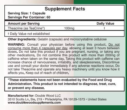 Theacrine (Teacrine) 100 Mg, 60 Capsules - Energy and Focus Supplement (Similar to Caffe Double Wood Supplements Au supplements