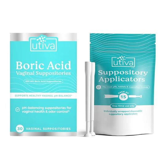 10% Bundle Utiva Boric Acid - 600mg 30-Boric Acid Vaginal Suppositories to Lower pH and Support Vaginal Health + Utiva Suppository Applicators – Hygienic Individually Wrapped 15 Vaginal Applicators Szio+AU supplements