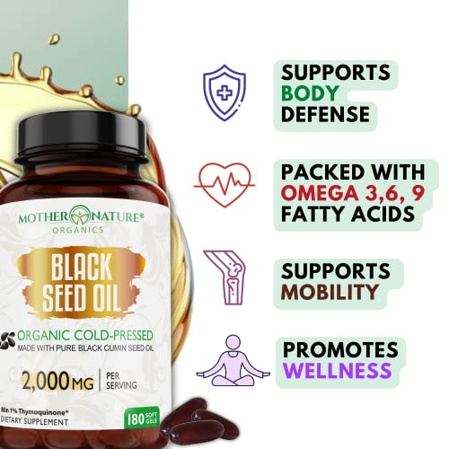 Organic Black Seed Oil Capsules - 3 Month Supply - 180 Count (2000mg Per Serving) Mother Nature Organics Superfoods for Organic Living Au supplements