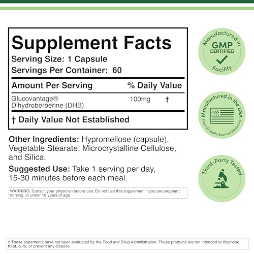 Dihydroberberine Supplement 100mg, 60 Capsules (Patented GlucoVantage Super Berberine, May be 5X More Effective Than Berberine with Less Side Effects) Third Party Tested, Vegan Safe by Double Wood Double Wood Supplements Au supplements