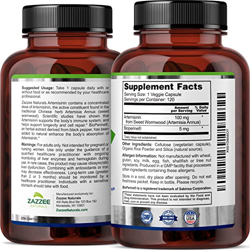 Zazzee High Absorption Artemisinin, 100 mg per Capsule, 120 Vegan Capsules, with 5 mg Zazzee Au supplements