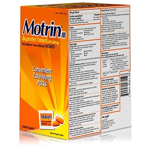 Motrin IB, Ibuprofen 200mg Tablets, NSAID Pain & Fever Reliever for Headache, Backache, Muscular Aches, Arthritis Pain Reliever, 50 Travel Packets of 2, 100 ct Motrin Au supplements