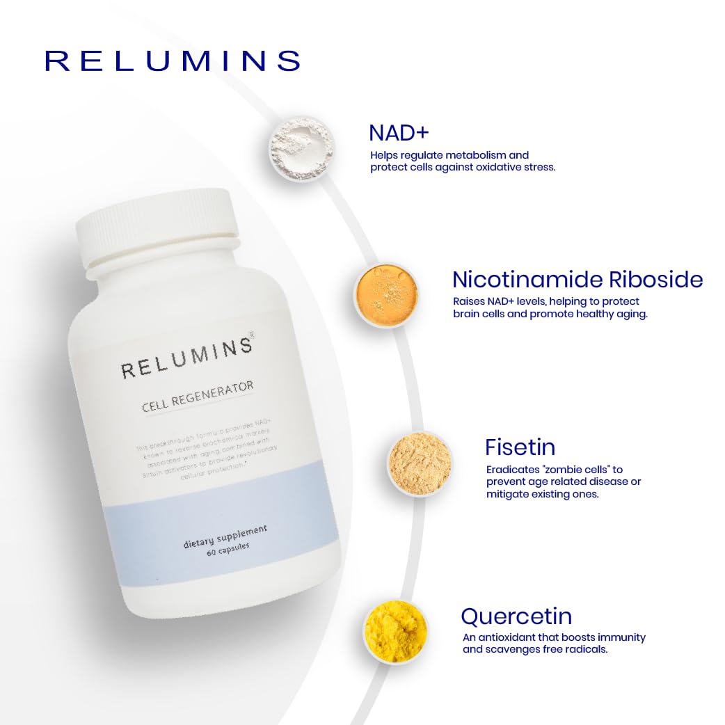 Relumins NAD+ Supplement with Nicotinamide Riboside, Resveratrol, Quercetin, Fisetin & Curcumin – Focus, Vitality, Energy, Balance & Daily Wellness Support – 60 Vegan Capsules Relumins Au supplements