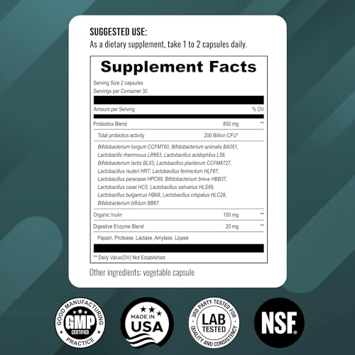 UpNourish Probiotics - 200 Billion CFUs, 15 Strains, Prebiotics & Enzymes - 60 Vegan Cap UpNourish Au supplements