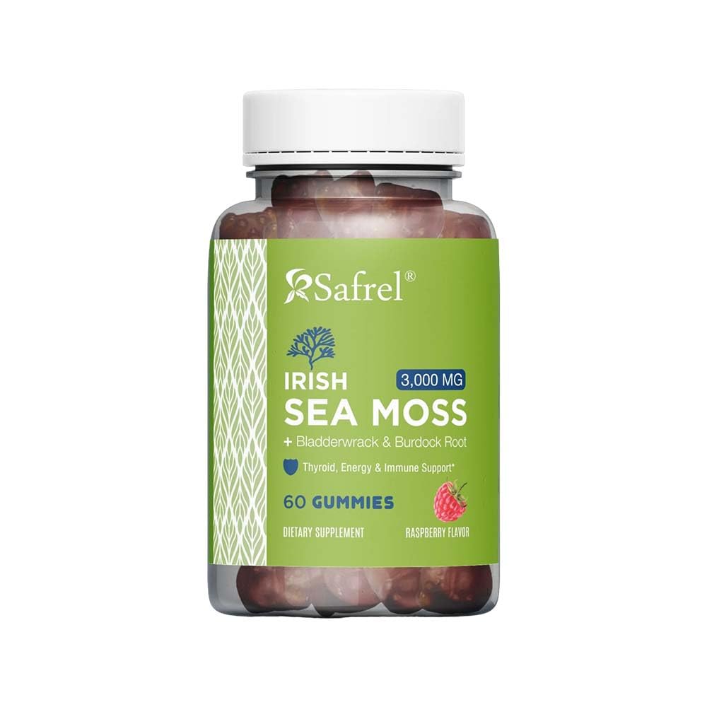 Safrel Irish Sea Moss Gummies 3000mg with Bladderwrack and Burdock Root, Thyroid Energy and Immune Support, Vegan Raspberry Flavor, 60 Gummies Safrel Au supplements