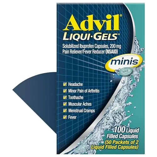 Advil Liqui-Gels minis Pain Reliever and Fever Reducer, Pain Medicine for Adults with Ibuprofen 200mg for Pain Relief - 50x2 Liquid Filled Capsules Advil Au supplements