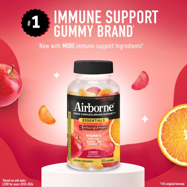 Airborne 400mg Vitamin C Gummies for Adults & Children, Immune Essentials Daily Immune Support Supplement with Vitamins C & E - Orchard Fruit Flavor, 132 Gummies (Pack of 2) Airborne Au supplements