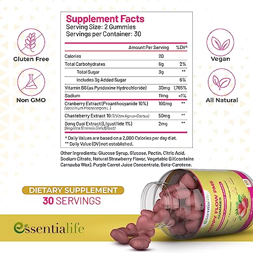 Happy Flow Strawberry-Flavor Chewable PMS Gummies | Hormone Balance Chasteberry Essentialife Au supplements