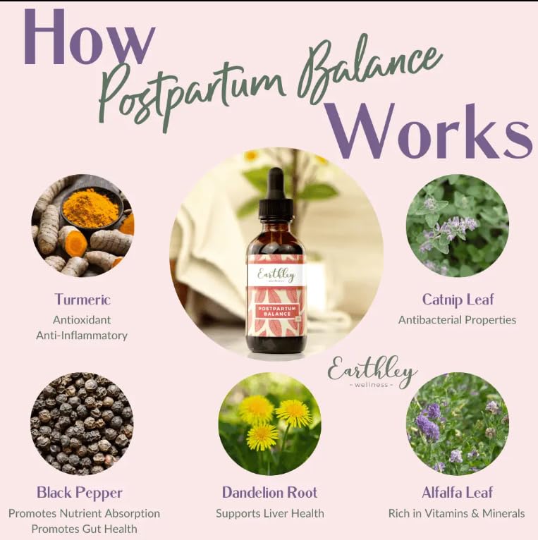 Earthley Wellness Postpartum Balance, Supports and Balances Female Hormones, Supports Postpartum Recovery, Smooths Out Mood Swings, Essential Herbs Like Dandelion Root, Catnip, & Alfalfa (2oz) Earthley Wellness Au supplements