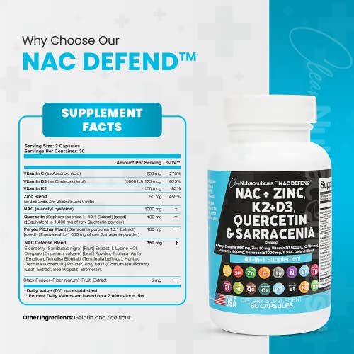 NAC Supplement N-Acetyl Cysteine 1000mg Vitamin D3 K2 Zinc Quercetin Clean Nutraceuticals Au supplements