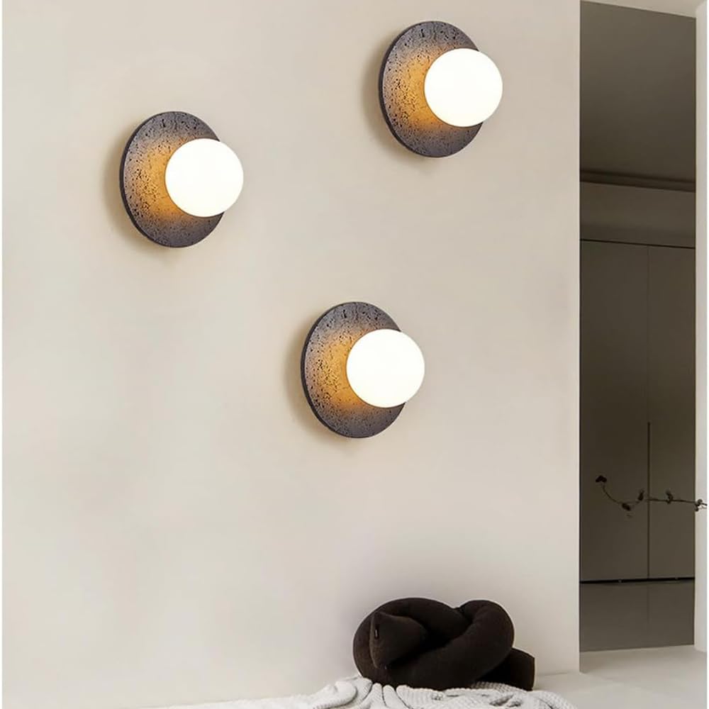 BFFGKGL Modern Natural Black Travertine Hallway Wall Sconce Nordic Creativity Round Transmittance Glass Bedside Wall Light Japanese Minimalist Aisle Wall Lamp For Living Room Stairs Living Room Balcon BFFGKGL Au supplements