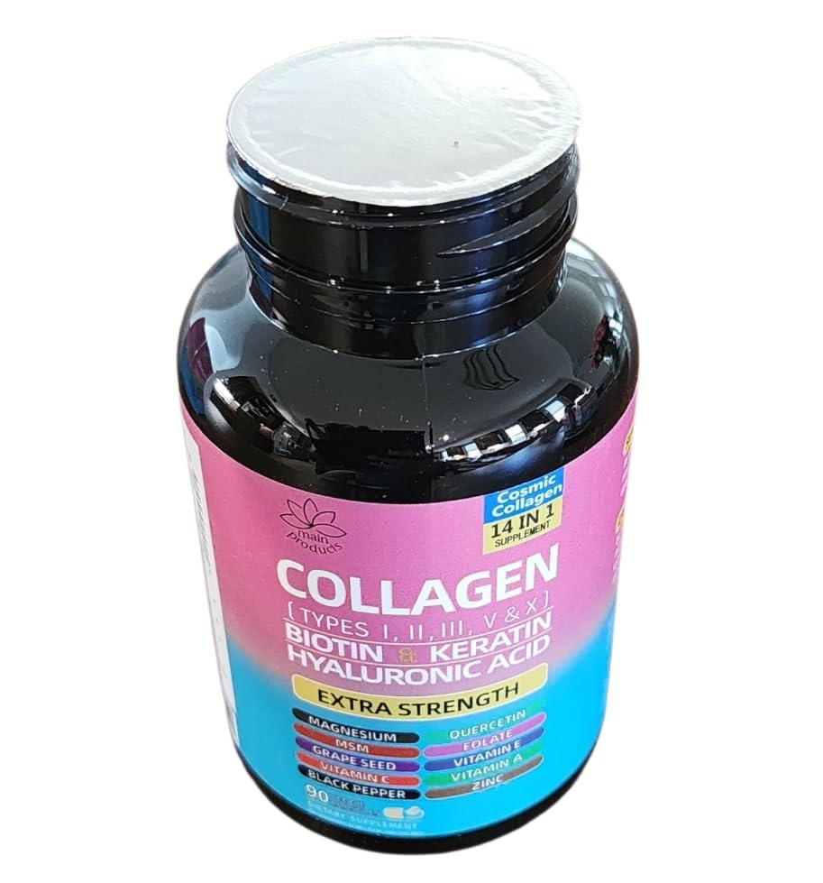 Collagen Peptides Types I, II, III, V & X, 64000 MCG, 14 in 1, Biotin, Keratin, Hyaluronic Acid, Magnesium, MSM, Grape Seed, Vitamin A C & E, Black Pepper, Quercetin, Folate, Zinc (90 Veggie Caps) Main Products Au supplements
