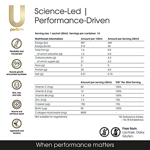 U Perform - Sports Muscle Recovery Supplement - High Protein Liquid Collagen Drink - Great for Joints Repair - Citrus Tasting and Natural Ingredients Based (8000mg) (14 sachets) U Perform Au supplements