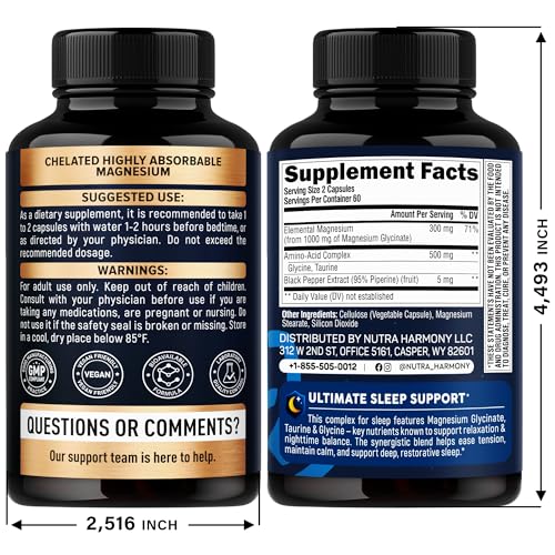 Magnesium Glycinate - Sleep & Relaxation Support - Extra Strength Glycinate, Glycine & Taurine 1500 mg - Magnesium Supplement for Women & Men - Chelated & High Absorption - Made in USA - 120 Capsules NUTRAHARMONY Au supplements