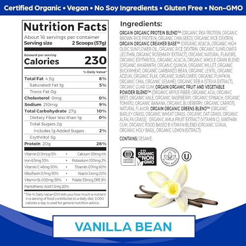 Orgain Organic Vegan Meal Replacement Protein Powder, Vanilla Bean - 20g Plant Based Orgain Au supplements