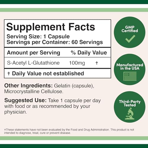 S-Acetyl L-Glutathione Capsules - 100mg, Manufactured and Tested in The USA, 60 Count Double Wood Supplements Au supplements