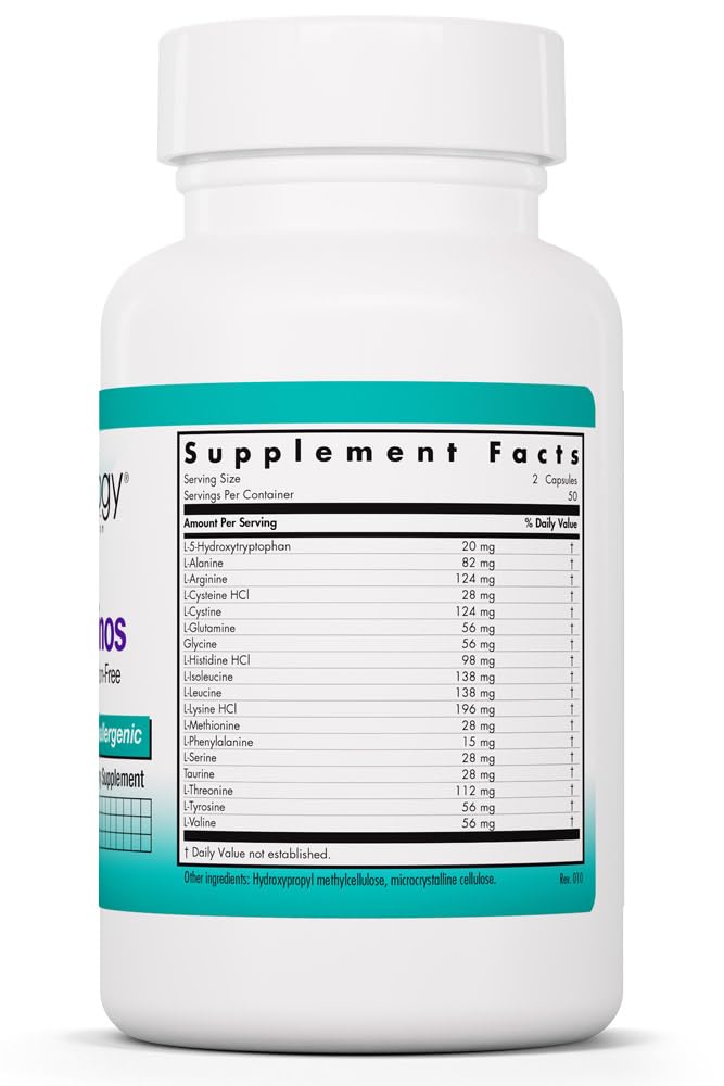Nutricology Free Aminos Supplement - Essential Amino Acids Complex, Lean Muscle Mass Support, Vegetarian Capsules - 100 Count Allergy Research Group Au supplements