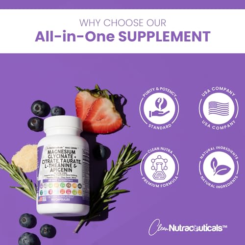 Magnesium Glycinate Complex 1000mg with L-Theanine 200mg Apigenin 50mg Citrate Taurate Supplement - 5-HTP GABA Passion Flower Lemon Balm L-Glycine Phosphatidylserine Ashwagandha - USA Made Clean Nutra Clean Nutraceuticals Au supplements