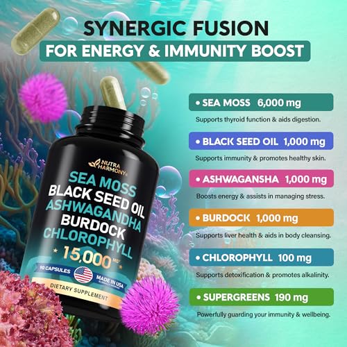 Irish Sea Moss | Black Seed Oil | Ashwagandha | Burdock | Chlorophyll | Supergreens NUTRAHARMONY Au supplements