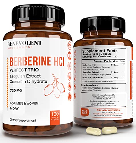 Premium Berberine HCL 730mg - 120 VCAPS Perfect Trio Complex with Non-GMO Jiaogulan Benevolent NourishmentAU supplements