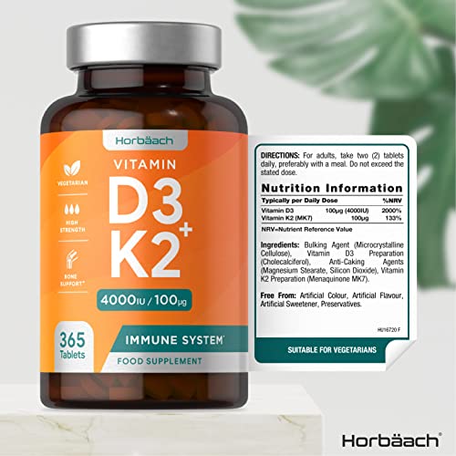 Vitamin D3 K2 High Strength Tablets | 365 Count | Vitamin D3 4000iu and Vitamin K2 MK7 Horbäach Au supplements
