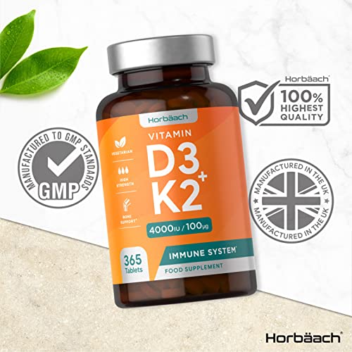 Vitamin D3 K2 High Strength Tablets | 365 Count | Vitamin D3 4000iu and Vitamin K2 MK7 Horbäach Au supplements