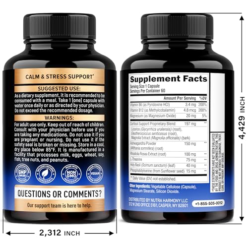 Cortisol Supplement for Women - Holy Basil | Ashwagandha | Rhodiola | L-Theanine - Plant-Based Hormone Balance - Mood, Focus & Sleep Support - Made in USA - Vegan, Non-GMO - 60 Capsules for 2 Months NUTRAHARMONY Au supplements