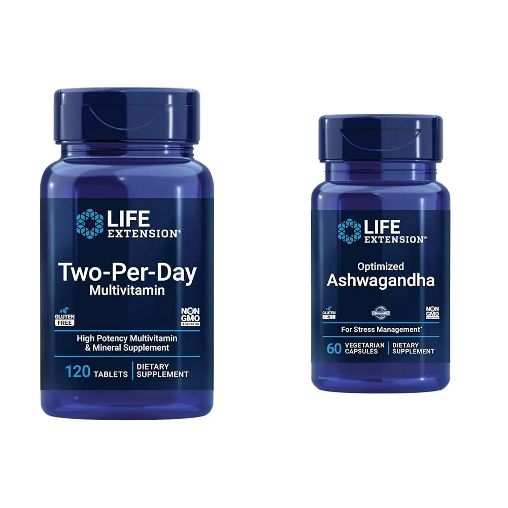 Life Extension Two-Per-Day 120 Tablet Multi-Vitamin & 60 Capsule Optimized Ashwagandha Stress Relief Supplement Bundle Life Extension Au supplements